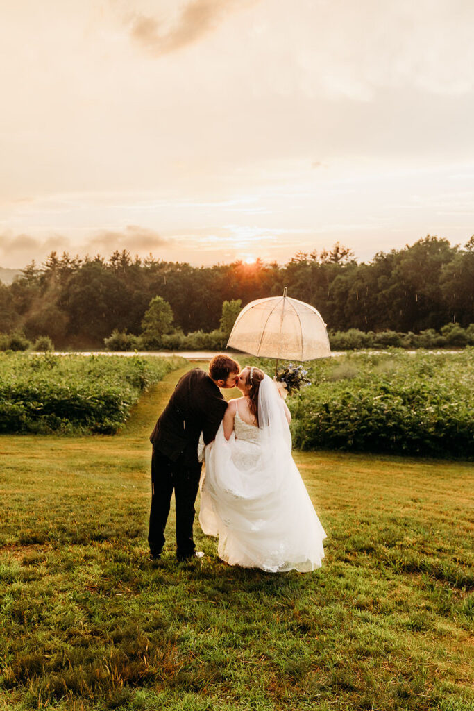 Newlyweds kissing as one of them holds a clear umbrella 